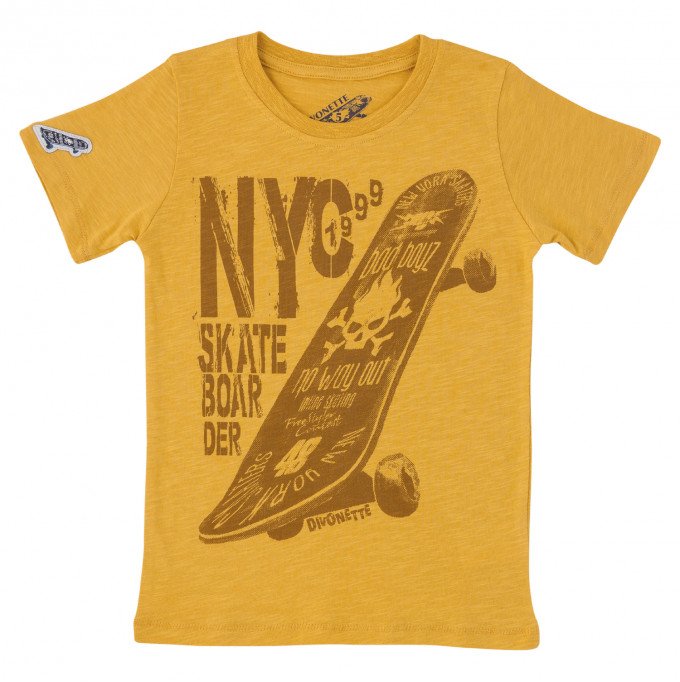Фото - тонкая футболочка горчичного цвета с скейтом цена 125 грн. за штуку - Леопольд