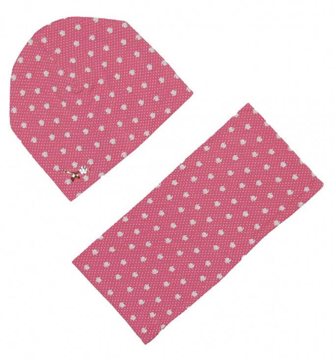 Фото - розовый с белыми цветочками и горошинами комплект шапочка и шарф цена 140 грн. за комплект - Леопольд