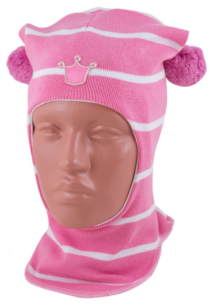 Фото - розовая в белую полосочку осенняя шапка-шлем для девочки цена 295 грн. за штуку - Леопольд