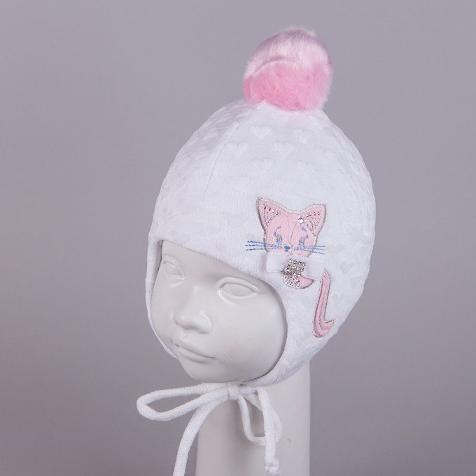 Фото - молочного цвета теплая шапочка с кошечкой для малышки цена 175 грн. за штуку - Леопольд