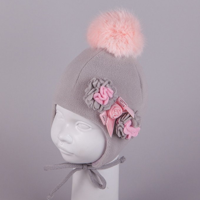 Фото - серая флисовая шапочка с цветами для зимы цена 175 грн. за штуку - Леопольд