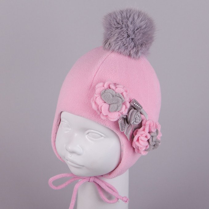 Фото - розовая флисовая шапочка с цветочками для девочки цена 175 грн. за штуку - Леопольд