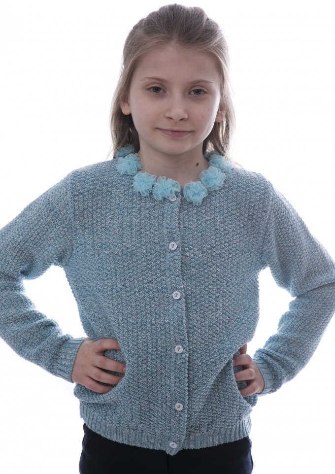 Фото - синього кольору ажурний кардиган для дівчинки ціна 220 грн. за штуку - Леопольд