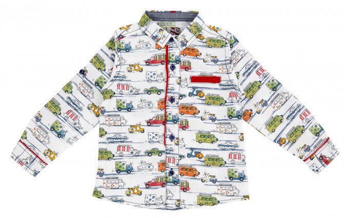 Фото - біла сорочка з різнокольоровими машинами для хлопчика ціна 215 грн. за штуку - Леопольд
