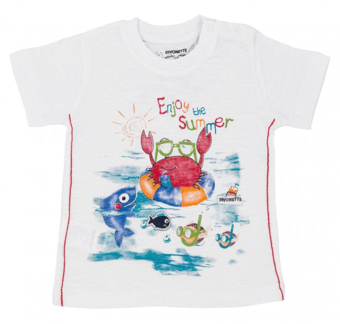 Фото - біла літня футболочка з рибками та крабами ціна 120 грн. за штуку - Леопольд