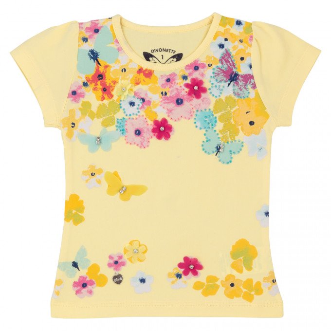 Фото - ніжно-жовта футболочка з квітами та метеликами ціна 125 грн. за штуку - Леопольд