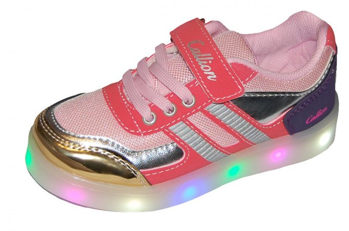 Фото - рожеві з кораловим кросівки з підсвічуванням для дівчинки ціна 555 грн. за пару - Леопольд