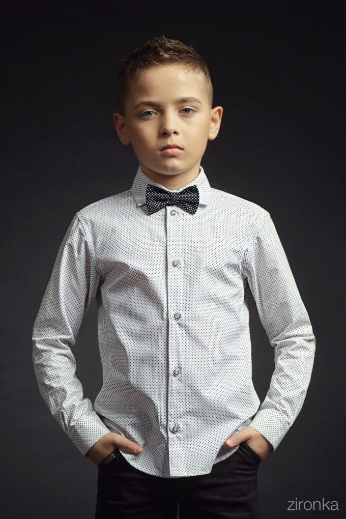 Фото - біла сорочка в чорний горошок з метеликом для хлопчика ціна 395 грн. за комплект - Леопольд
