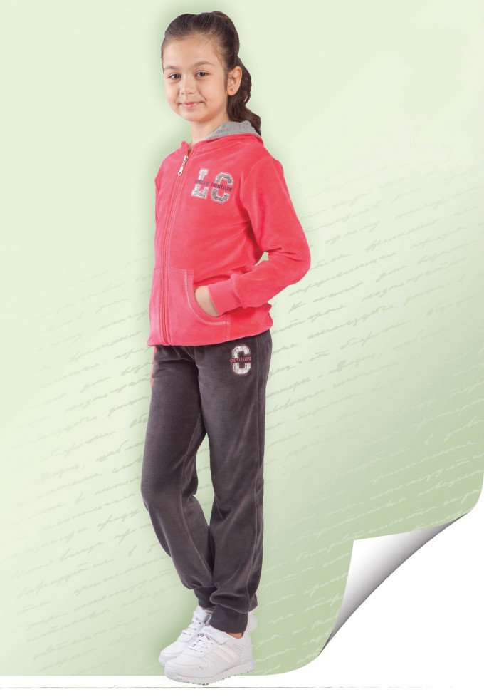 Фото - велюровий костюм з коралової кофти та сірих штанів для дівчинки ціна 625 грн. за комплект - Леопольд