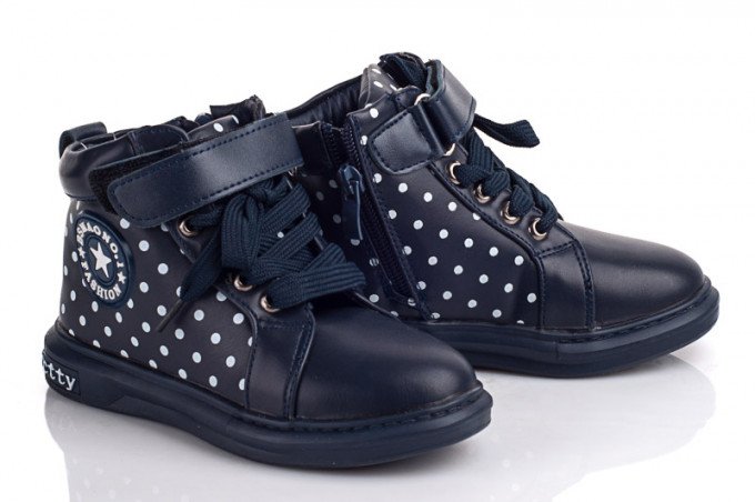 Фото - темно-синие в белый горох демисезонные ботинки для девочки цена 395 грн. за пару - Леопольд