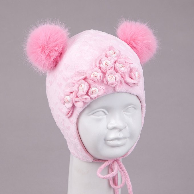 Фото - зимова шапочка рожевого кольору з пухнастими помпонами для малюк ціна 175 грн. за штуку - Леопольд