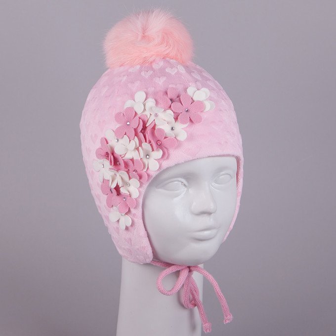 Фото - розовая теплая шапочка с цветочками для девочки цена 175 грн. за штуку - Леопольд