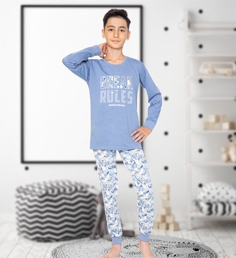 Фото - піжама блакитного кольору на байку для хлопчика ціна 455 грн. за комплект - Леопольд