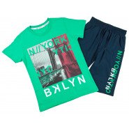 Картинка, летний комплект из зеленой футболки и темно-синих шорт