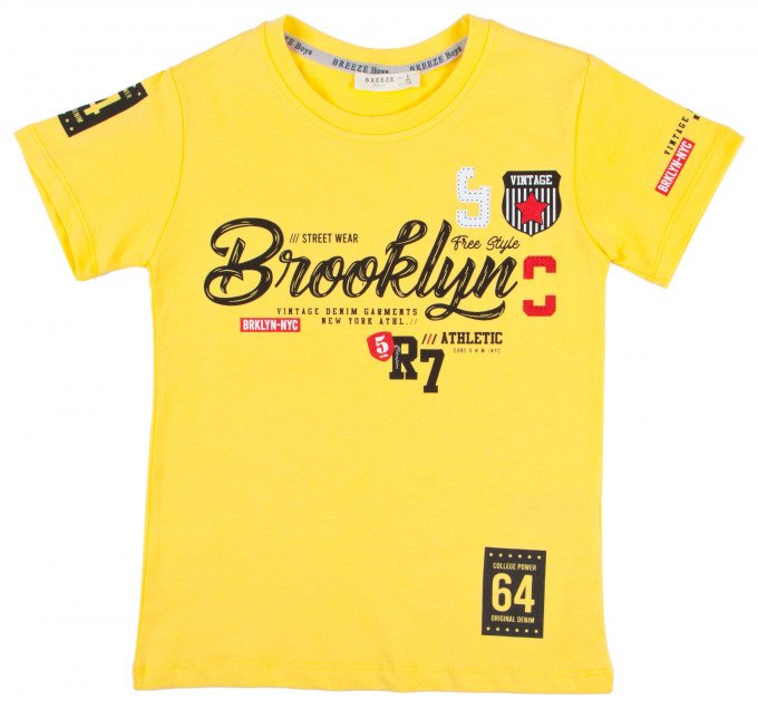 Фото - літня футболка жовтого кольору з написом Brooklyn ціна 345 грн. за штуку - Леопольд