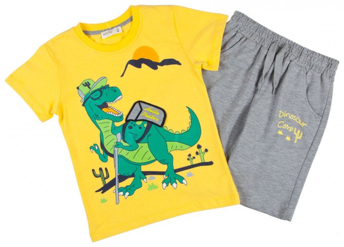 Фото - яскравий комплект з футболки та шорт з динозавром для хлопчика ціна 455 грн. за комплект - Леопольд
