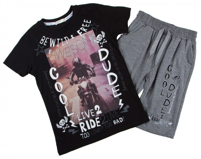 Фото - стильний комплект чорна футболка з мотоциклістом та сірі шорти ціна 355 грн. за комплект - Леопольд