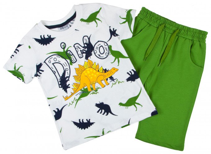 Фото - літній комплект з білої футболки з динозаврами та зеленим шортом ціна 345 грн. за комплект - Леопольд