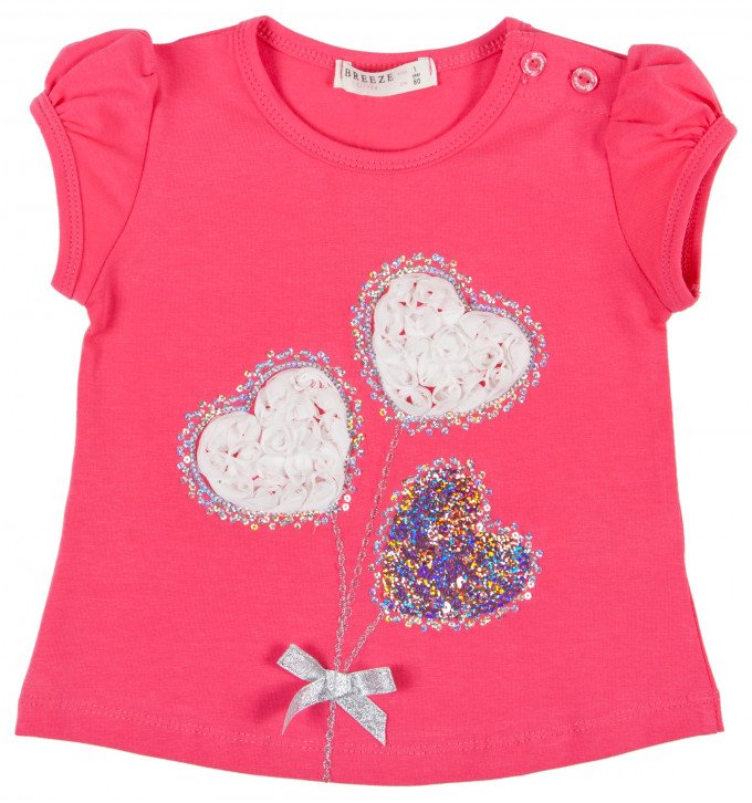 Фото - коралова футболка для дівчинки Кульки-сердечки ціна 220 грн. за штуку - Леопольд