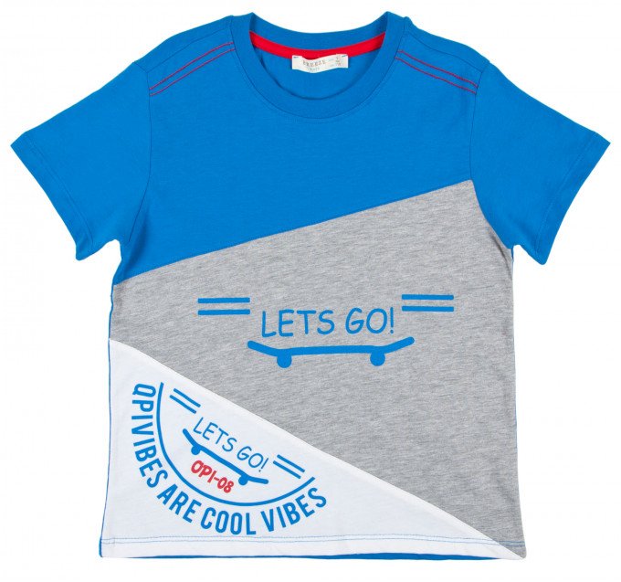 Фото - синя футболка для хлопчика з кольоровими вставками ціна 275 грн. за штуку - Леопольд